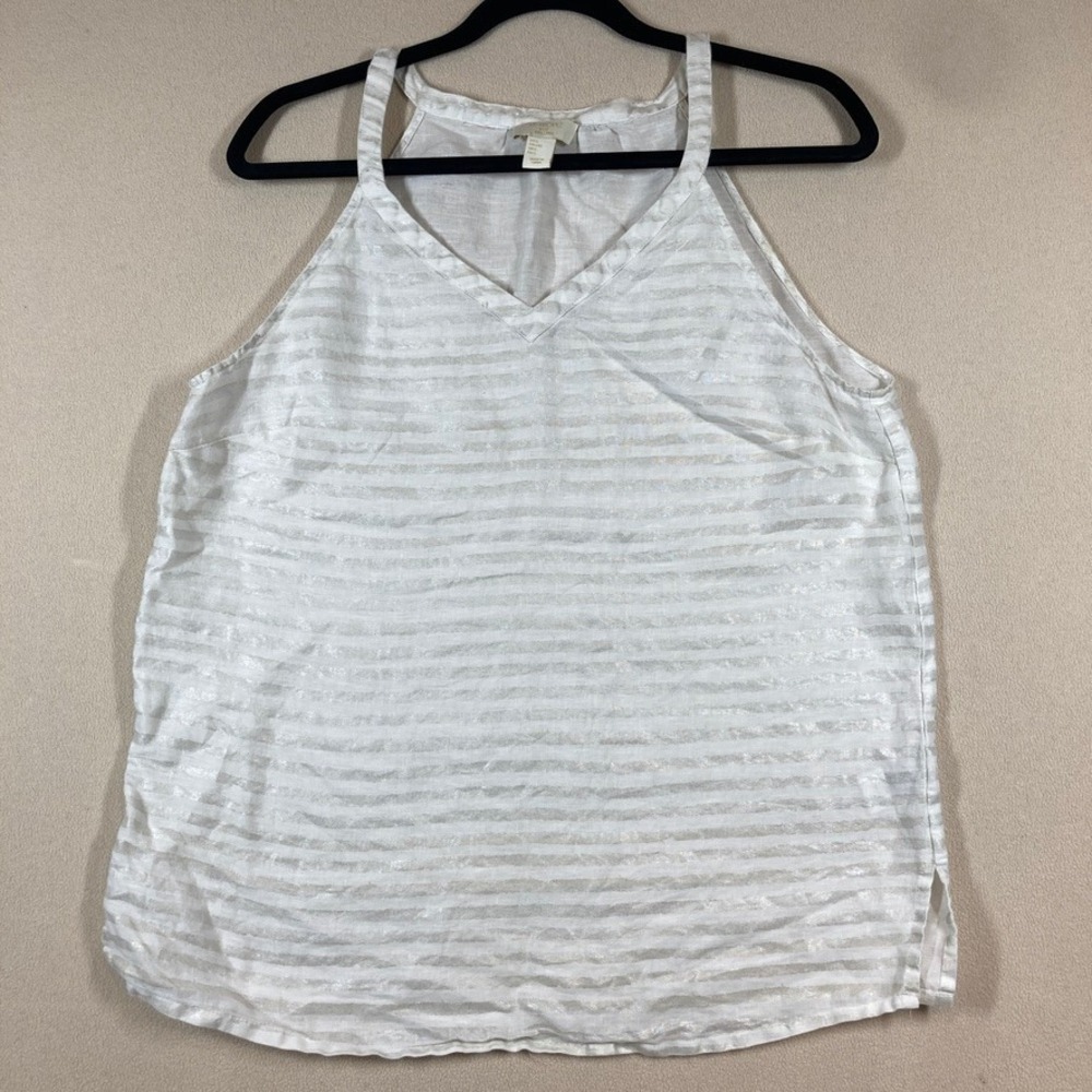 St. Tropez West Linen Tank Top Sz Large White/Silver Metallic‎ Beach Vacation